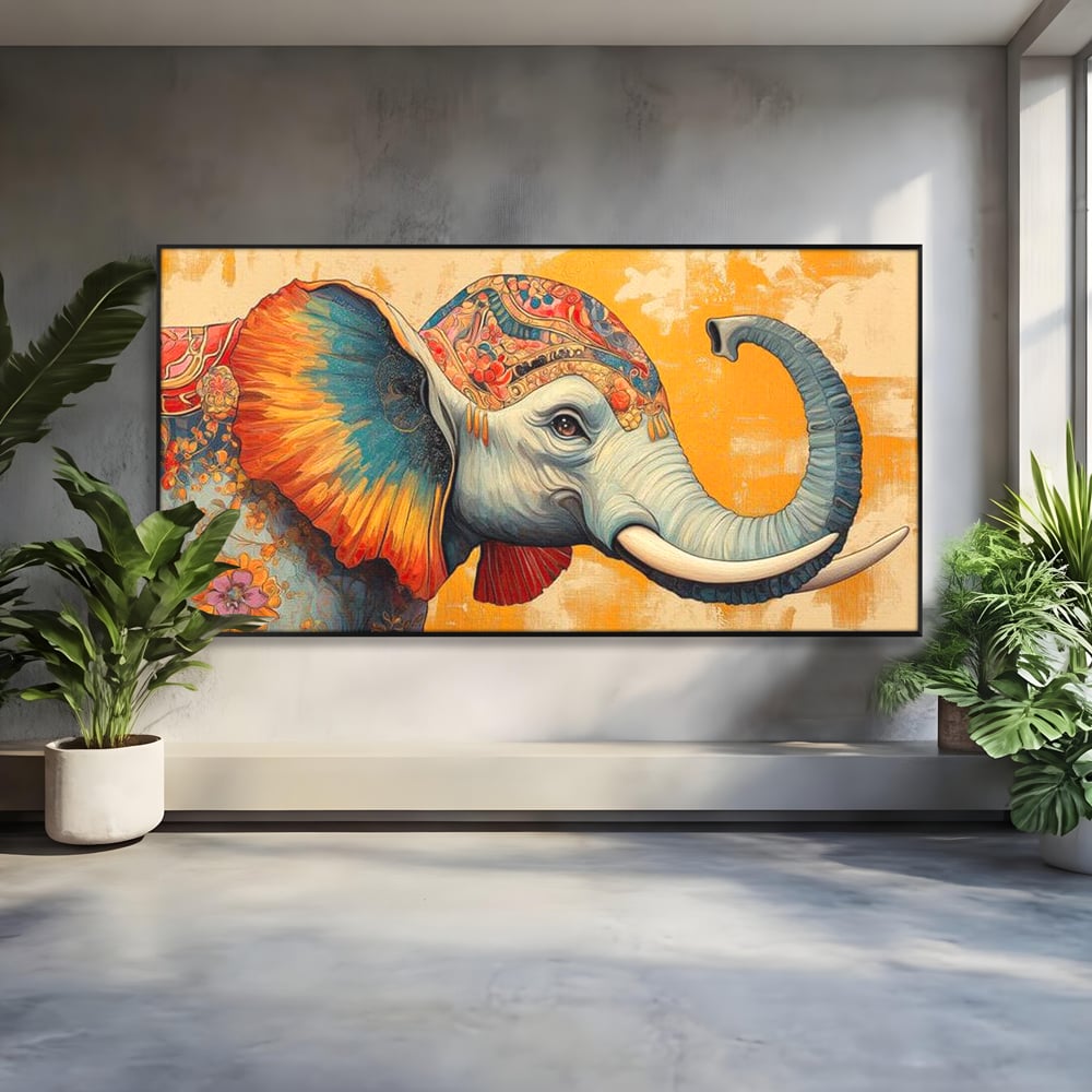 Tablou canvas cu tablou canvas cu elefant decorat in stil oriental, in rama de aluminiu negru